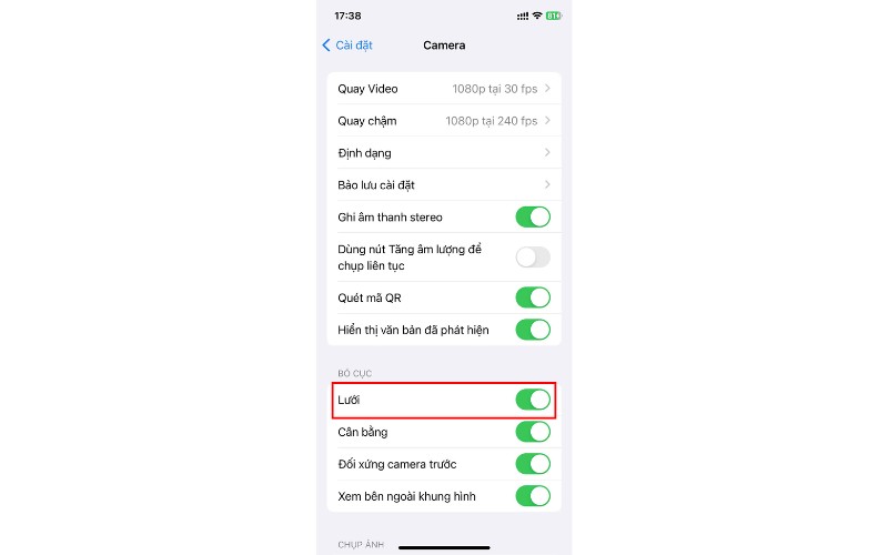 bật lưới camera iphone