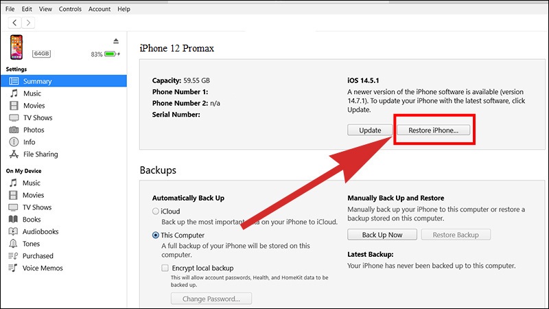 Trong iTunes, chọn tùy chọn khôi phục iPhone
