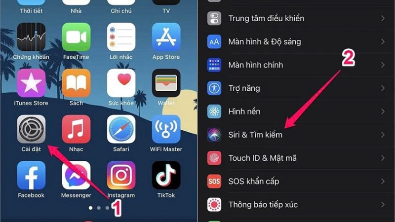 Vào mục Cài đặt, chọn vào mục Siri & Tìm kiếm