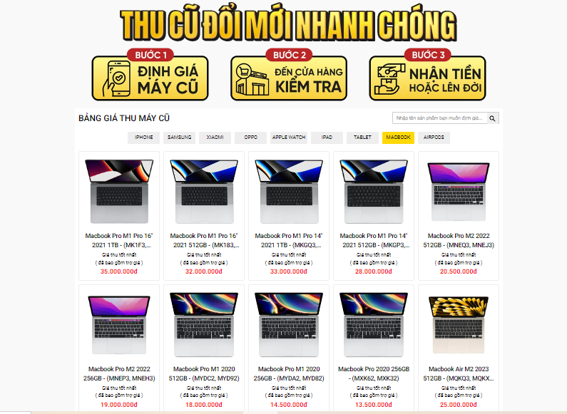 bảng giá thu mua macbook cũ