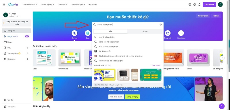 Tìm kiếm mẫu câu hỏi trên Canva