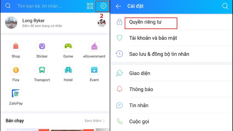 Truy cập vào phần quyền riêng tư để thiết lập