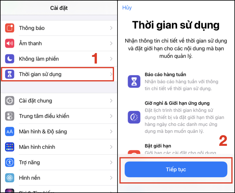 Mở "Cài đặt" trên iPhone và chọn "Thời gian sử dụng"