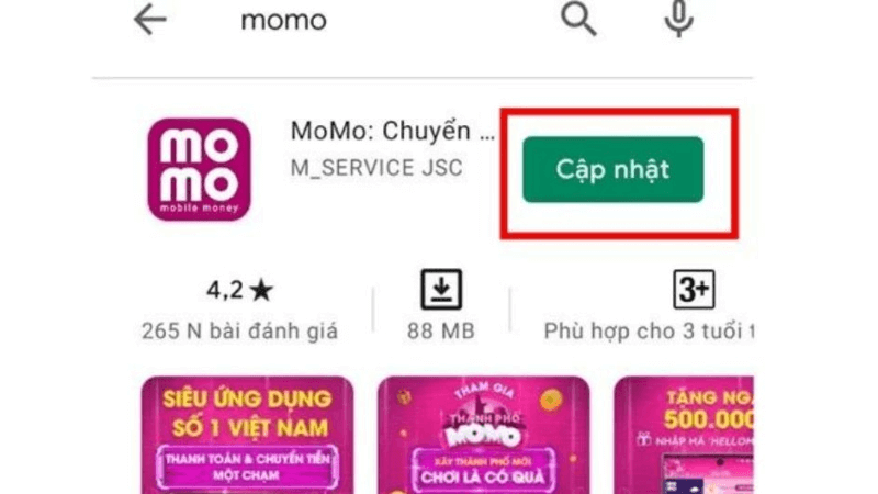 Cập nhật ứng dụng MoMo