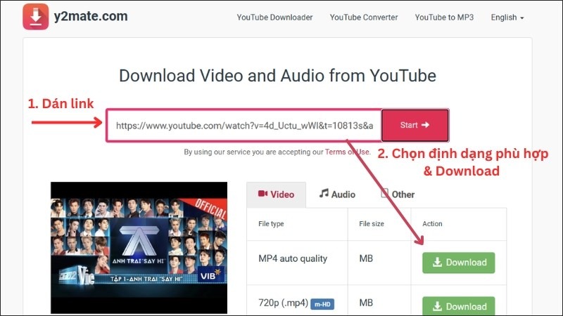 Tải video trên Youtube từ Y2Mate 