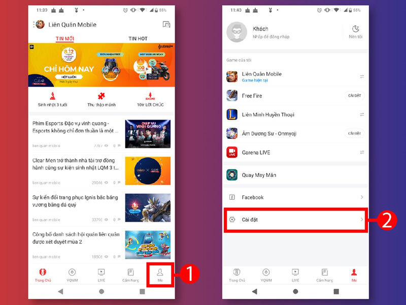 Mở ứng dụng Garena và truy cập phần Cài đặt