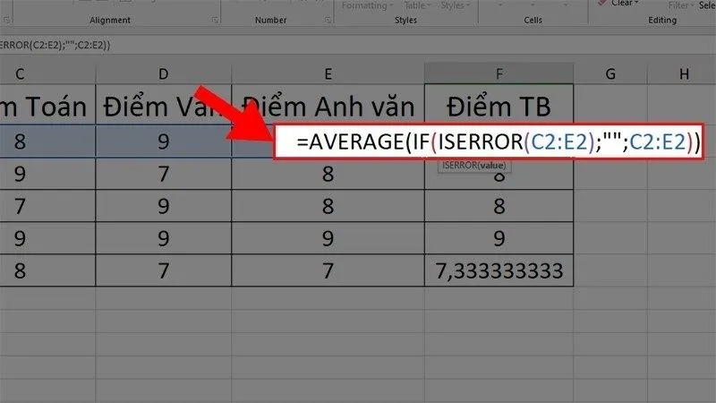 Kết hợp hàm IF, ISERROR và AVERAGE
