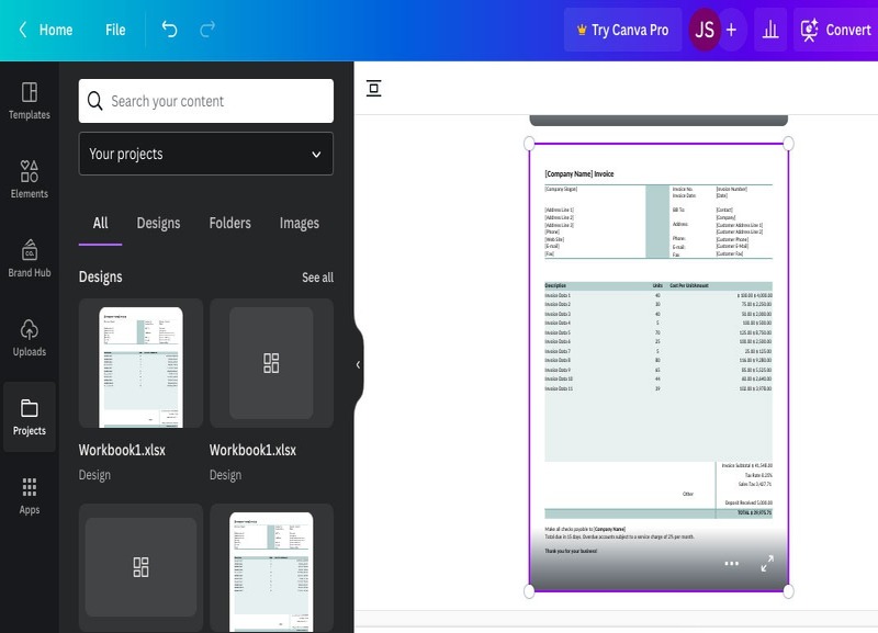 Cách chèn bảng Excel vào Canva