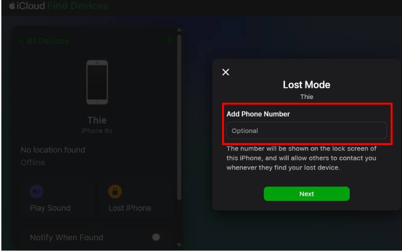 nhập số điện thoại hiển thị khi bị mất iphone