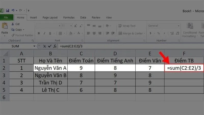cách tính trung bình cộng trong excel