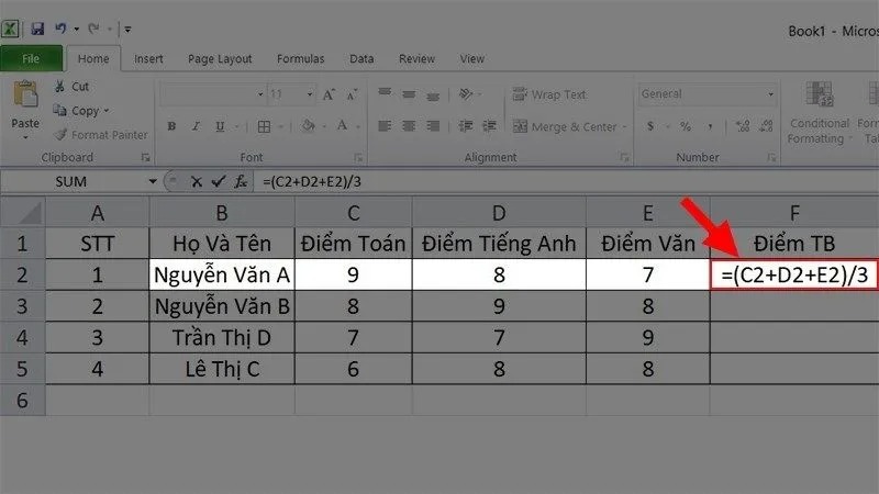 cách tính trung bình cộng trong excel