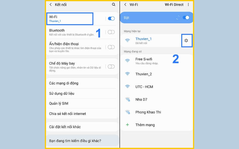 Chọn Wi-Fi nhấn vào biểu tượng bánh răng