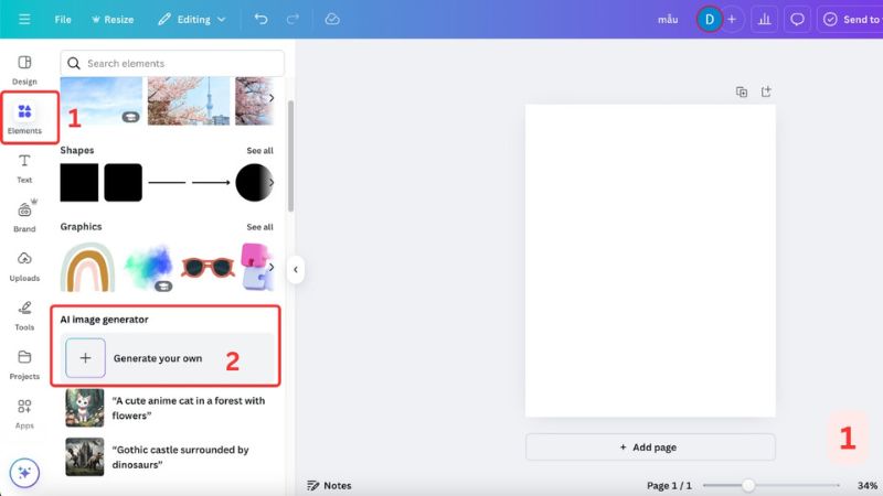 Bước 1: Tạo dự án mới và mở Canva AI Image Generator