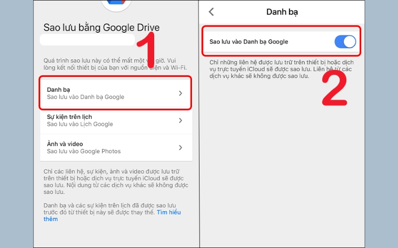 Danh bạ và bật tùy chọn Sao lưu vào danh bạ Google