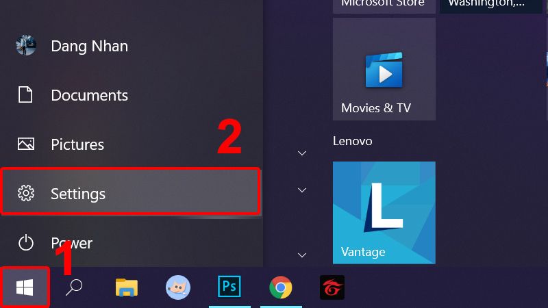 Vào Menu Start > Chọn Settings