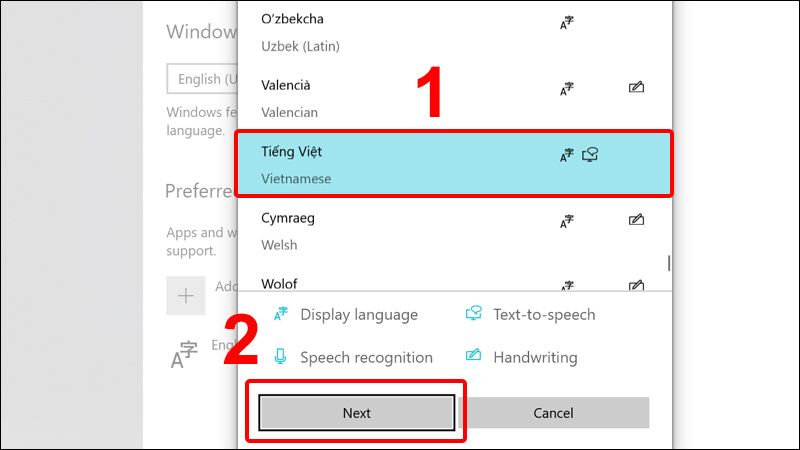 Chọn ngôn ngữ Tiếng Việt > Nhấn Next