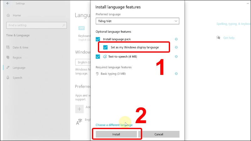 Tick vào Set as my Windows display language > Nhấn Install