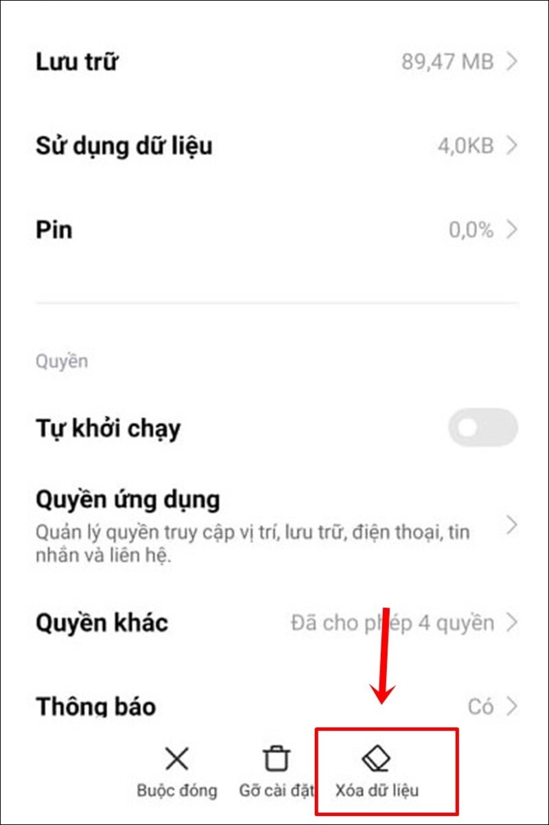 Chọn Xóa dữ liệu