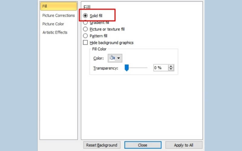 chọn Solid Fill để chuyển sang nền trơn