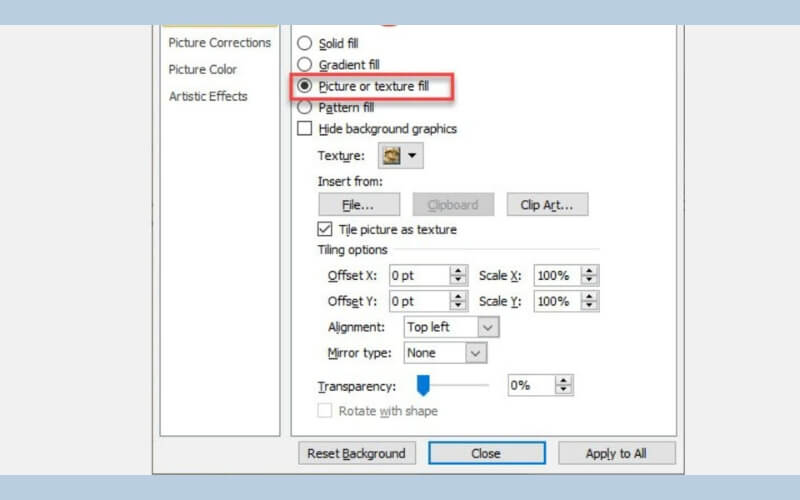 chọn mục Picture or texture fill để bật tùy chọn ảnh
