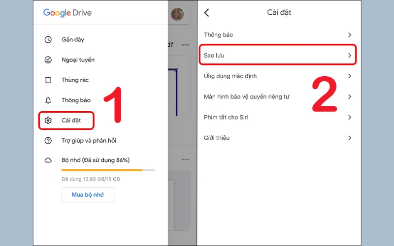 chọn mục Sao lưu để bắt đầu quá trình đồng bộ dữ liệu