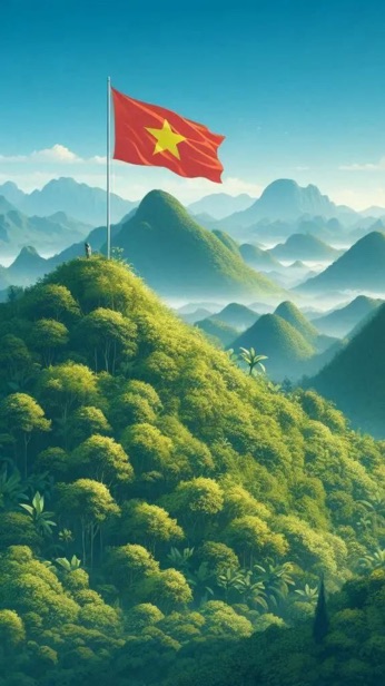 Hình nền 2 tháng 9/2025 với lá cờ đỏ sao vàng tung bay
