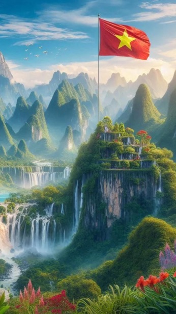 Hình nền 2 tháng 9/2025 với lá cờ đỏ sao vàng tung bay
