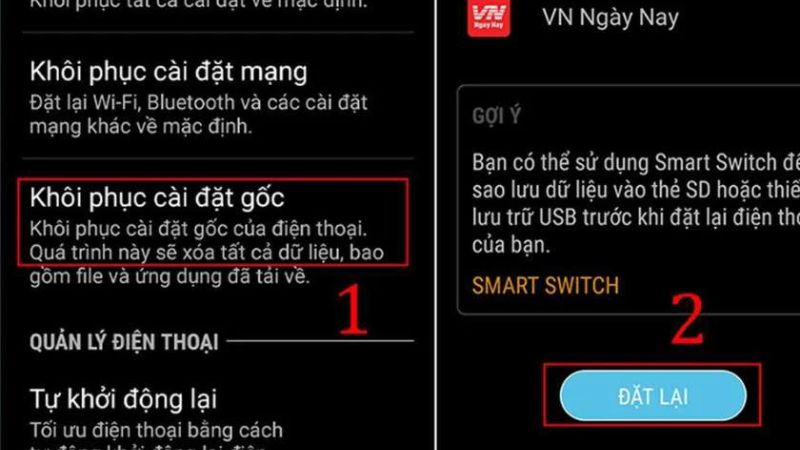 Khôi phục cài đặt gốc nếu cần