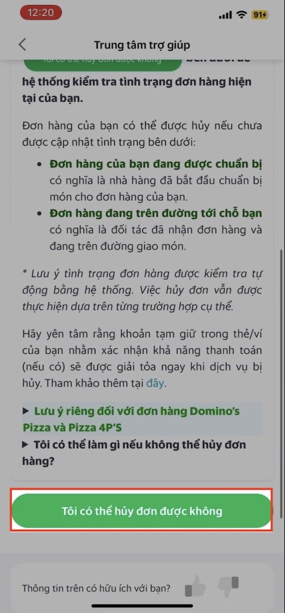 Chọn tiếp mục Tôi có thể hủy đơn được không