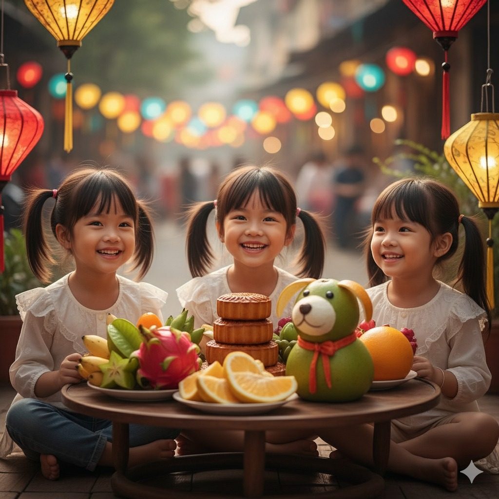 Prompt tạo ảnh Trung Thu cho bé phá cỗ trăng rằm