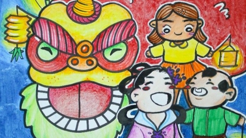 Vẽ tranh múa Lân trong đêm Trung Thu