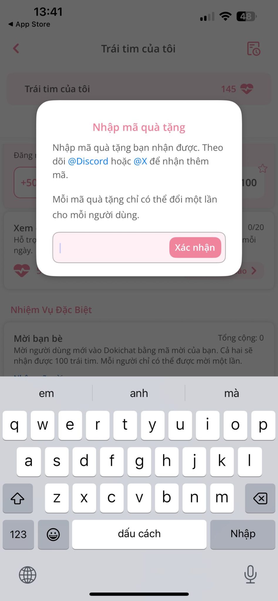 Cách nhập Code lấy trái tim trong Dokichat mới nhất 2026