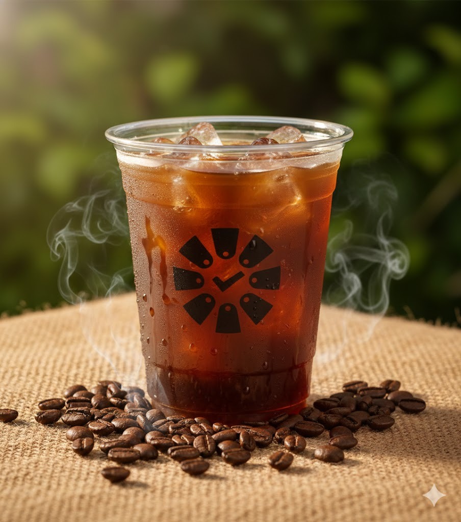 Chụp hyper-realistic editorial của {REFERENCE_PRODUCT}, cà phê nóng trong ly sứ dày hoặc ly thủy tinh cao, logo rõ ràng, hơi nước bốc lên. Ánh sáng vàng hoàng hôn, bóng nhẹ trên bàn gỗ/đá. Props: hạt cà phê, thìa, khăn vải. Background mờ bokeh, tone ấm cinematic. Hero product trung tâm, sang trọng, hấp dẫn.