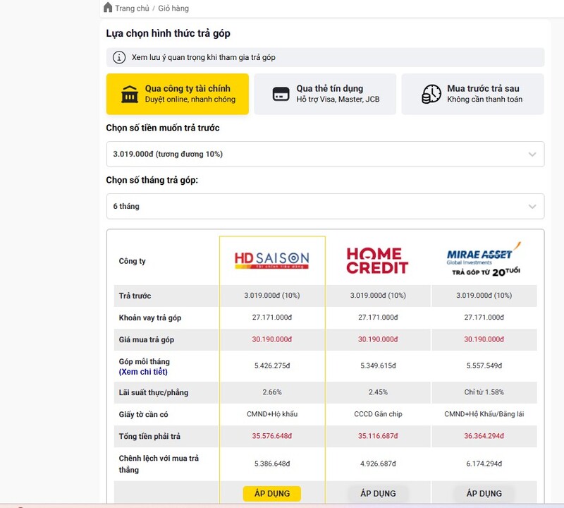 Chọn hình thức trả góp