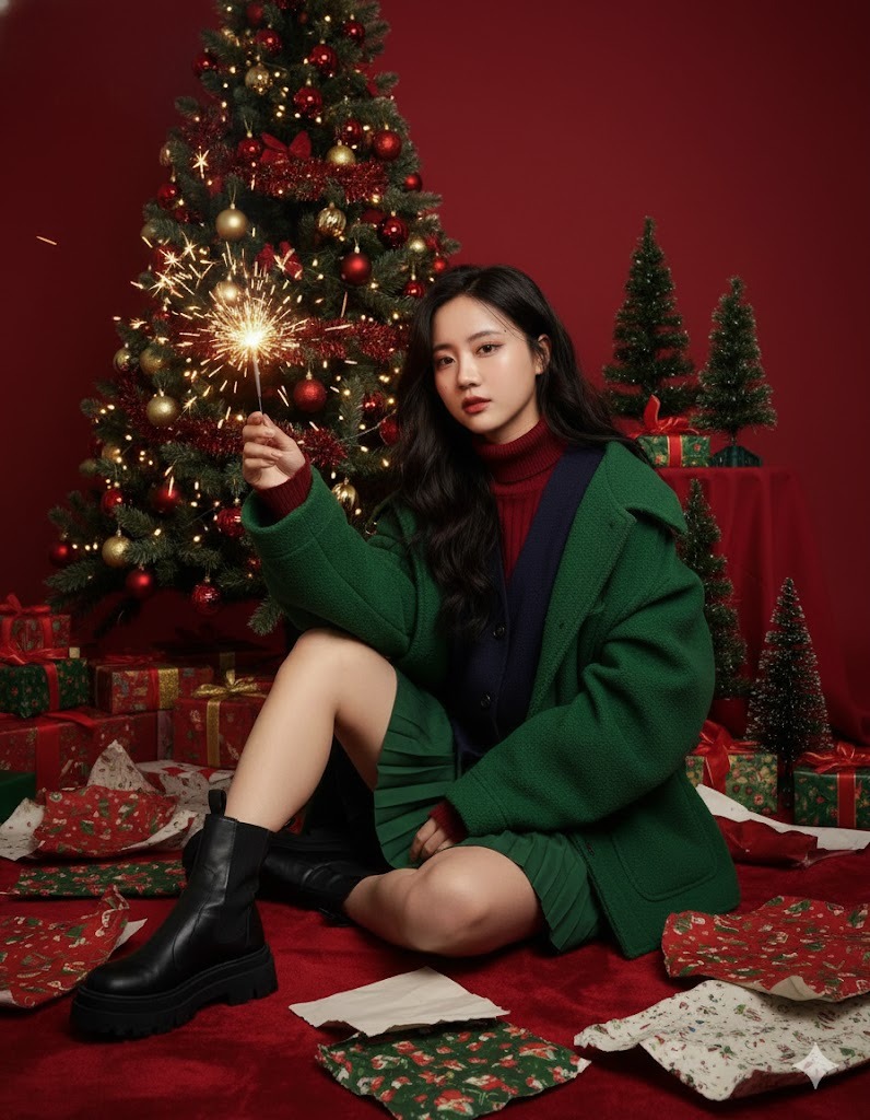 Prompt mặc đồ xanh bên cây thông Noel