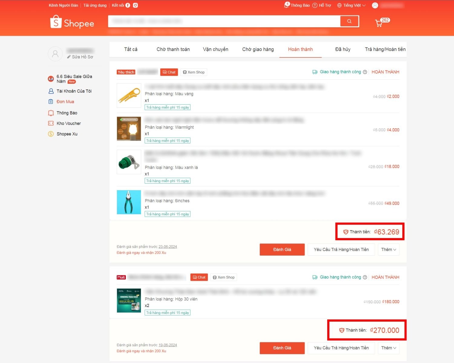 cách xem tổng số tiền đã mua trên Shopee