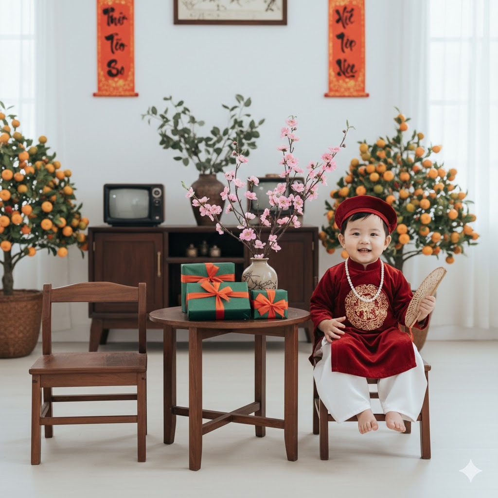 Bé gái ngồi ghế gỗ ngày Tết