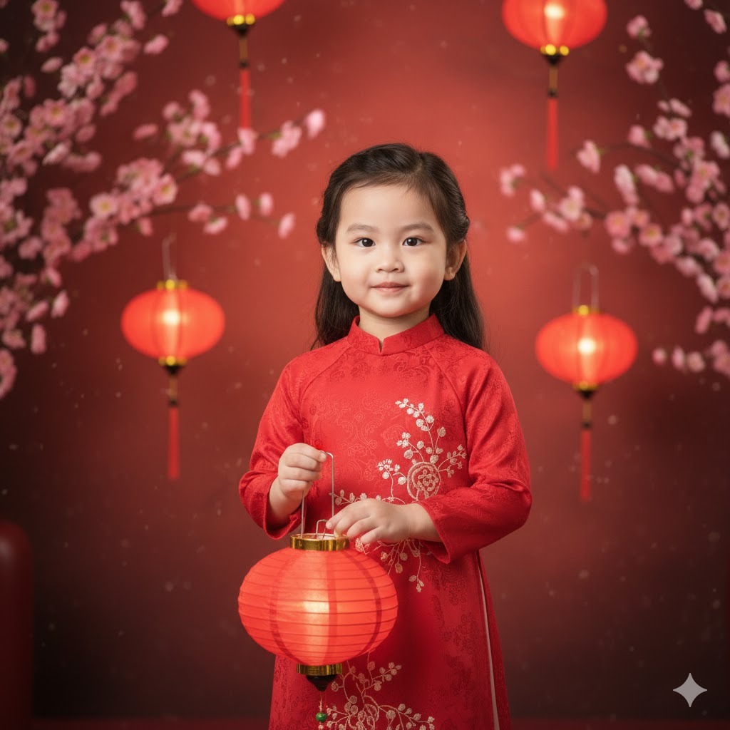 Bé gái áo dài hồng bên hoa mai