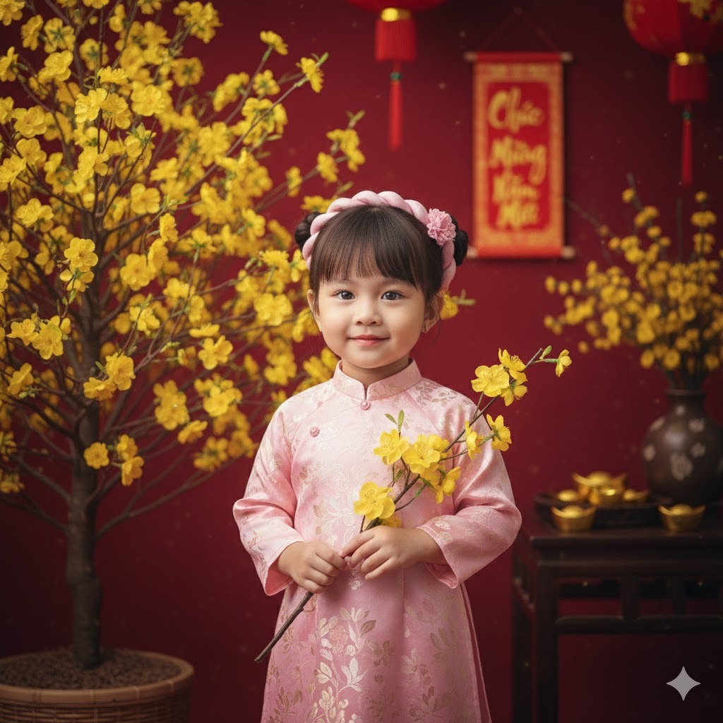 Bé gái áo dài hồng bên hoa mai