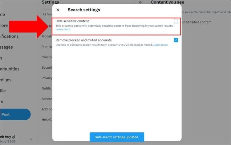 Cách tắt cảnh báo nội dung trên X